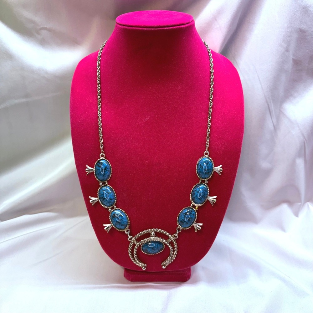 Squash Blossom Necklace Womens OS Blue Good Mock Turquoise Naja Boho - Picture 3 of 7